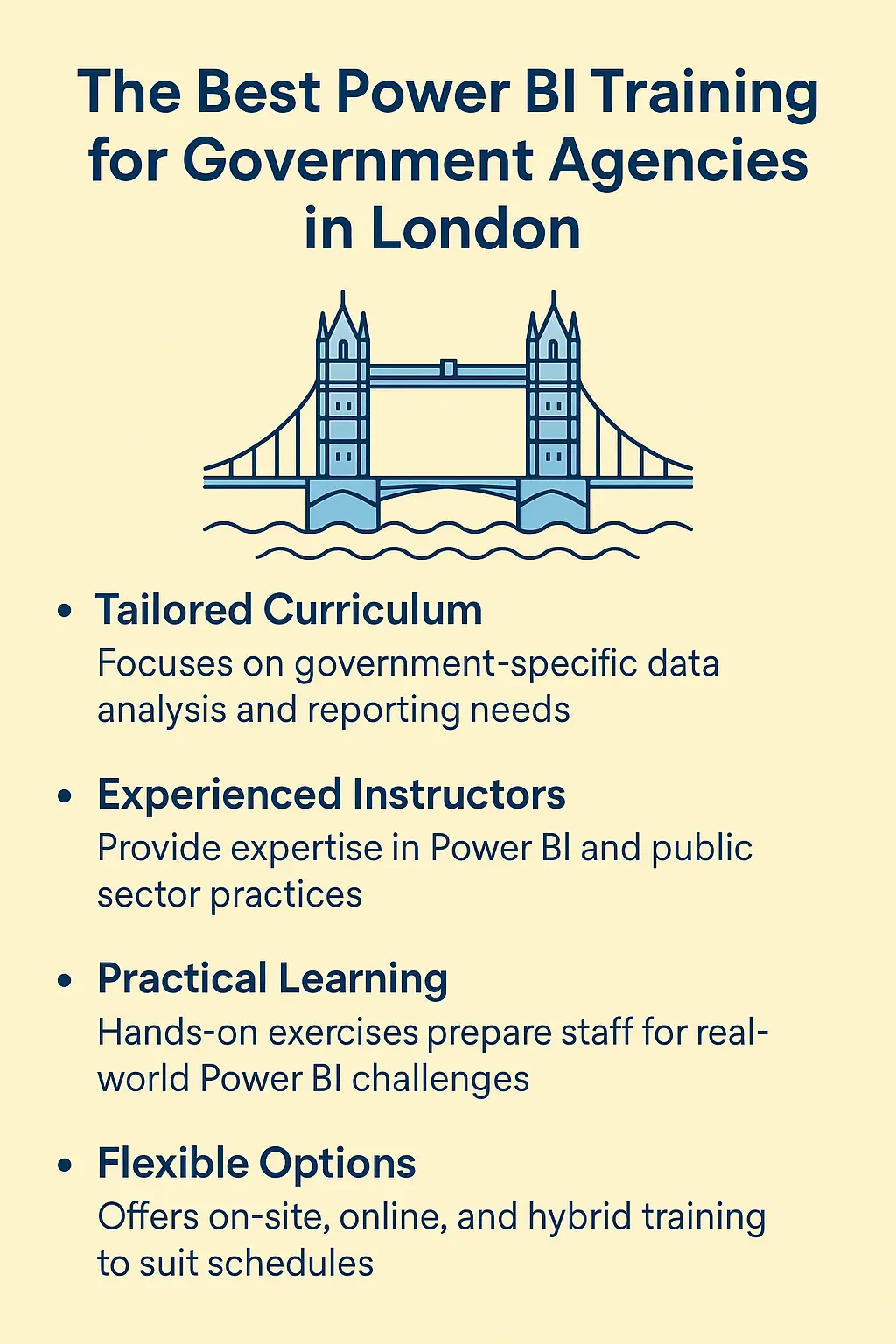 Visual showing the features that should be included in great Power BI training for Government Agencies