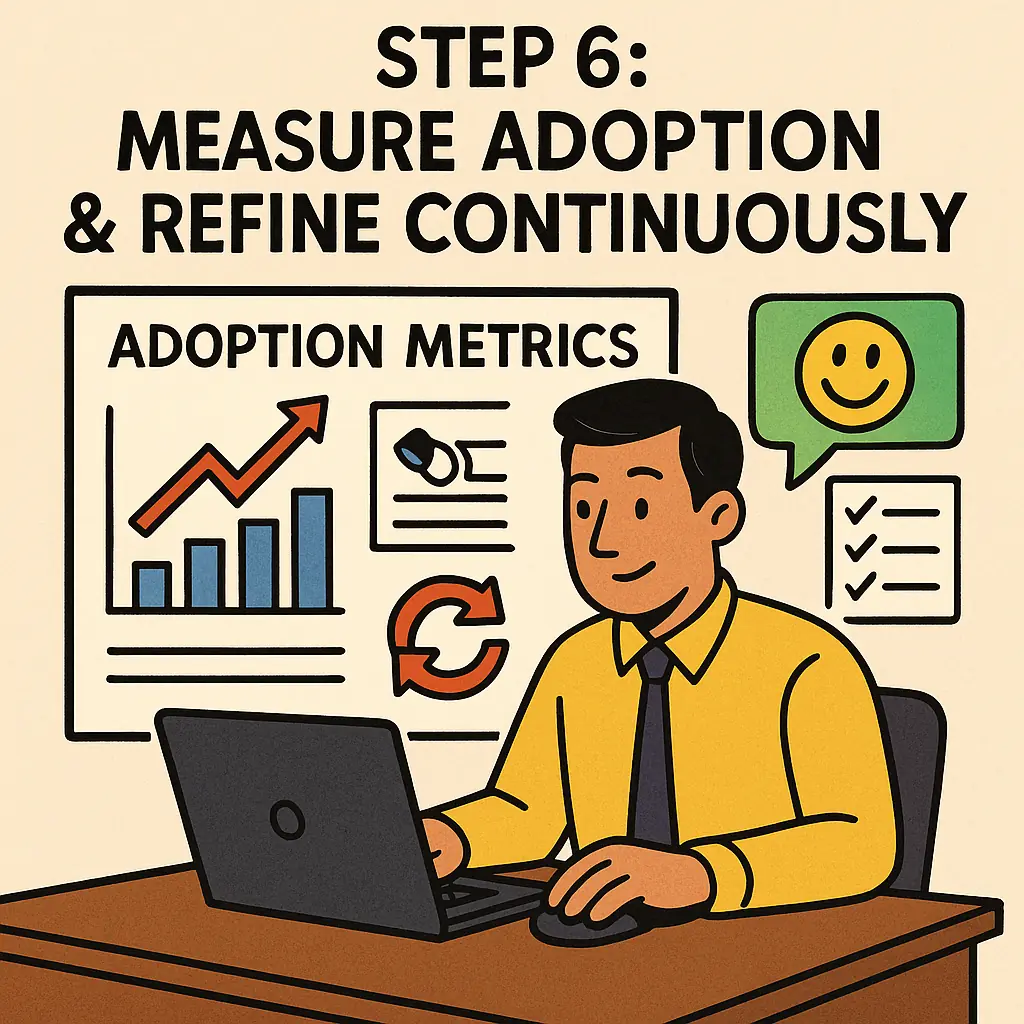 A cartoon showing step 6 - measuring adoption & refining continuously
