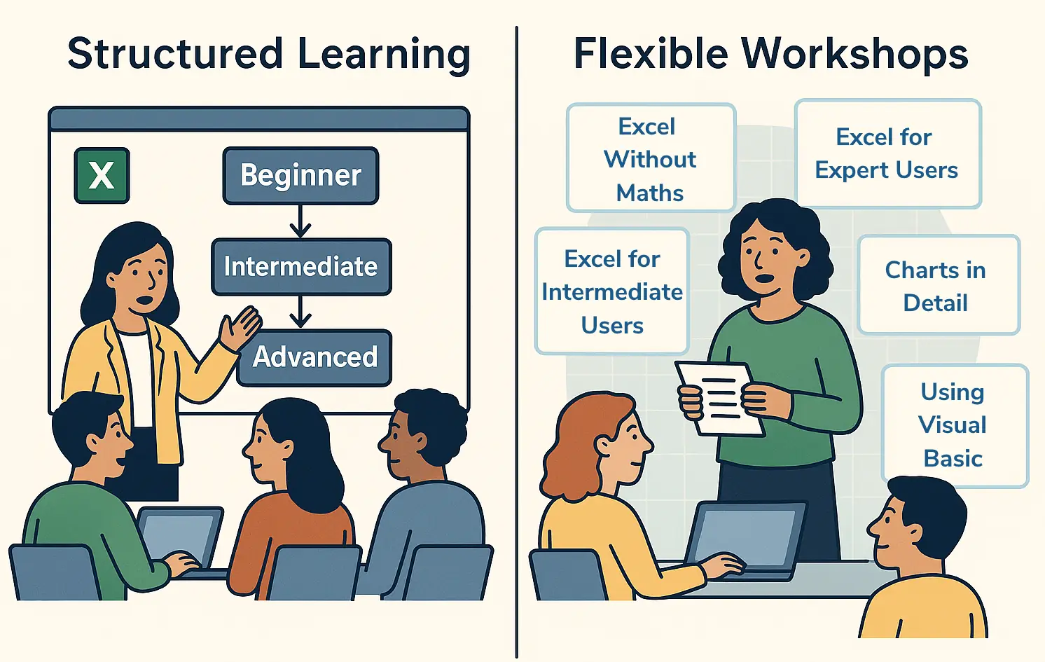 A cartoon showing Acuity Training's Structured Learning on one side with Happy.com's Flexible workshops on the other.