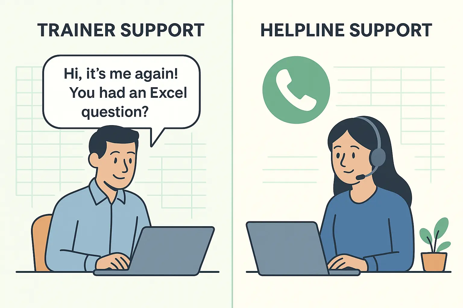 A cartoon showing Acuity Training's personal trainer post course support on one side, and Happy.com's Helpline style post-course support
