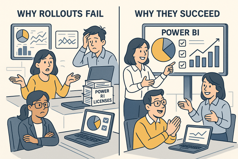 Visual showing two workplaces, one with a failing rollout and another with a successful one
