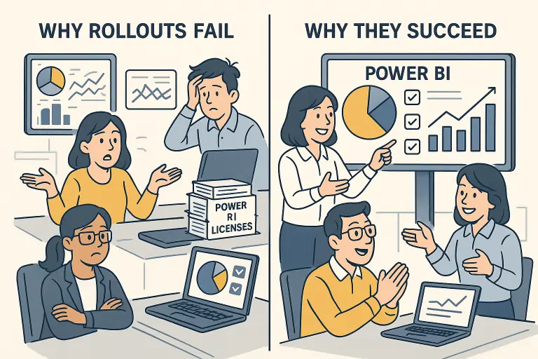 Visual showing two workplaces, one with a failing rollout and another with a successful one