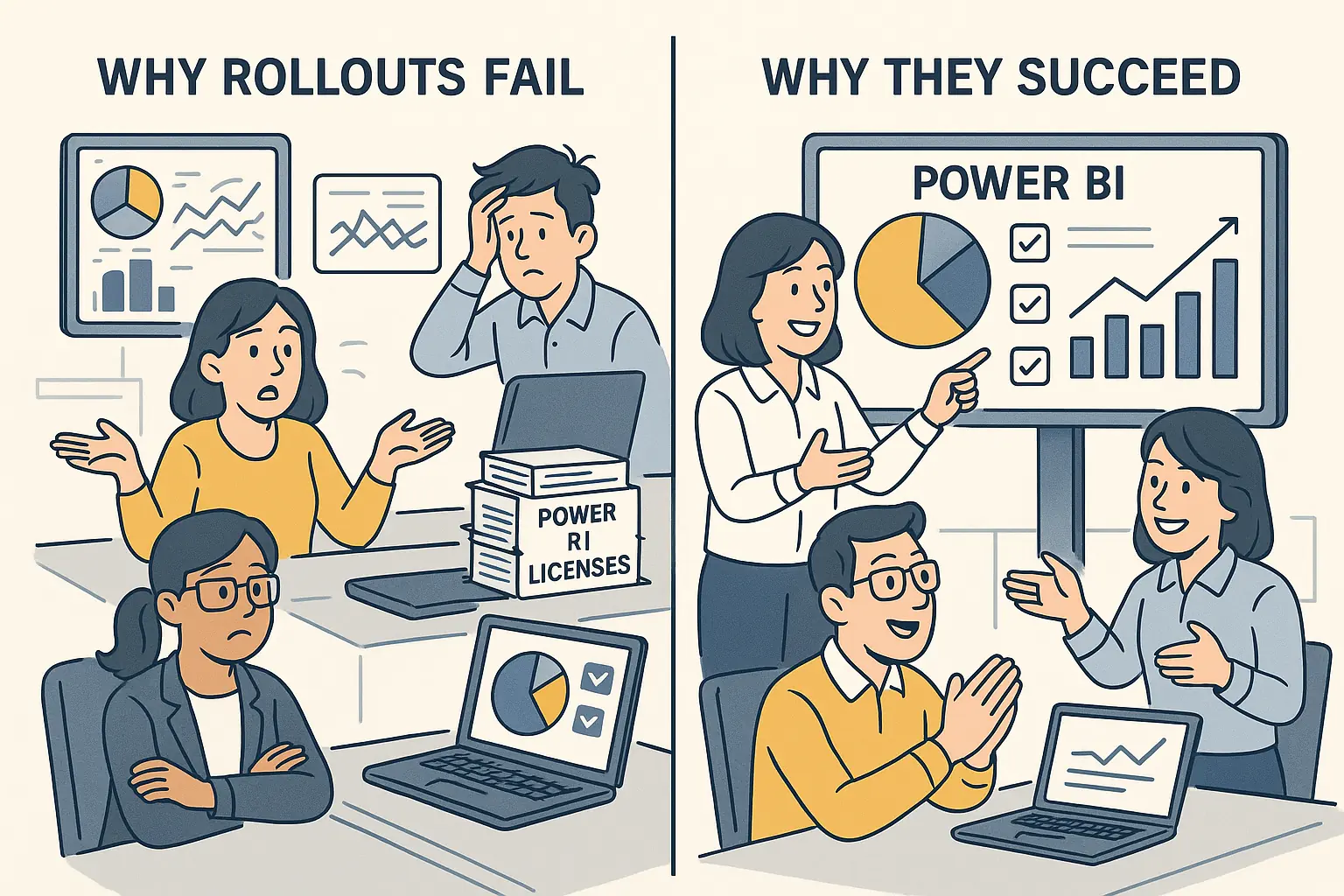Visual showing two workplaces, one with a failing rollout and another with a successful one