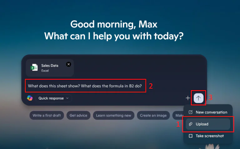 Shows how to attach and query a sheet in Copilot