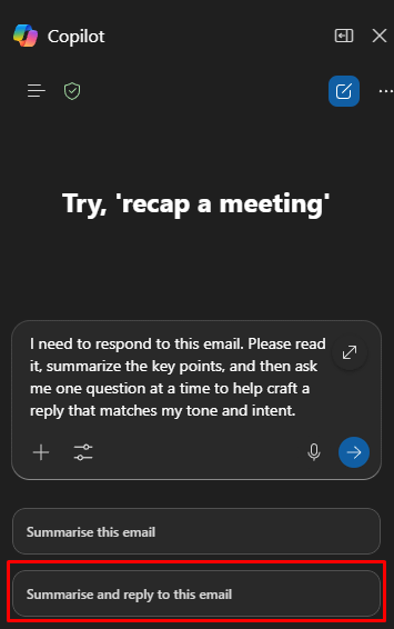 Shows a user asking Copilot for a response to an email