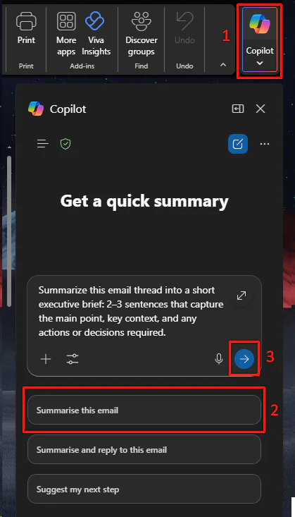 Shows how to create a summary of an email chain in Copilot
