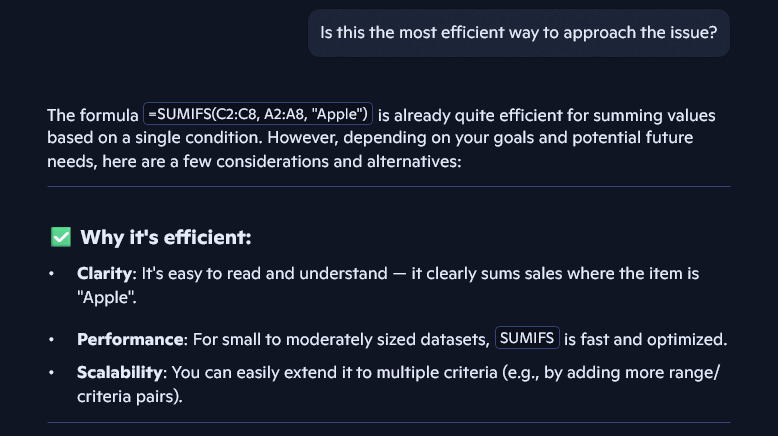 Shows the user asking Copilot if the Excel formula is efficient