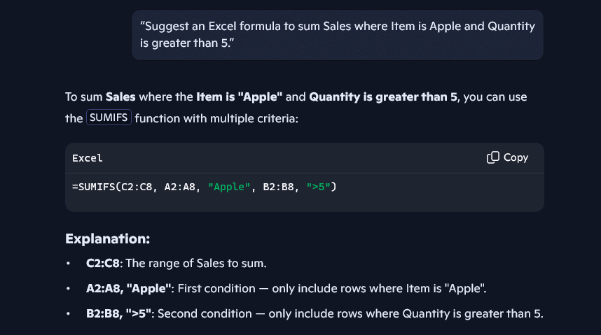 Shows the user asking Excel to help generate a formula