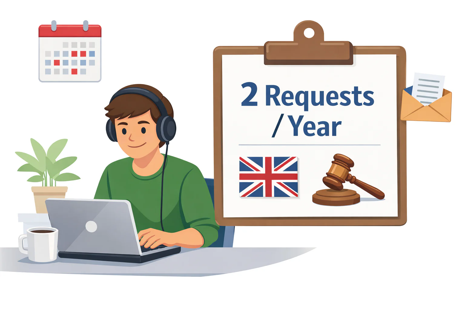 Shows a person working remotely alongside a clipboard that shows the current UK Law on remote work requests