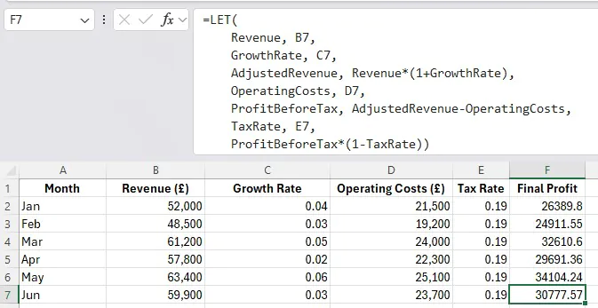 Shows a more complex LET function that does several calculations all in one