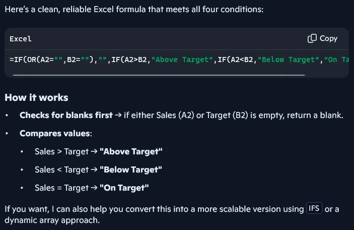 Shows the Copilot output