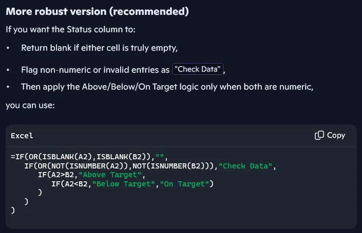 Shows copilot evaluating its own formula