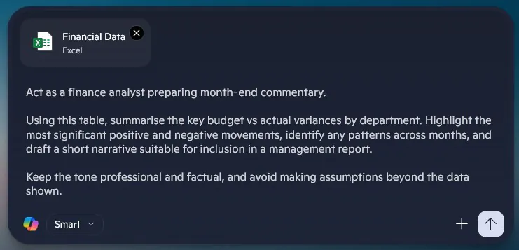 Shows copilot with a high quality prompt for financial data
