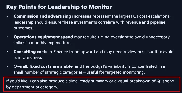 Output from the financial presentation