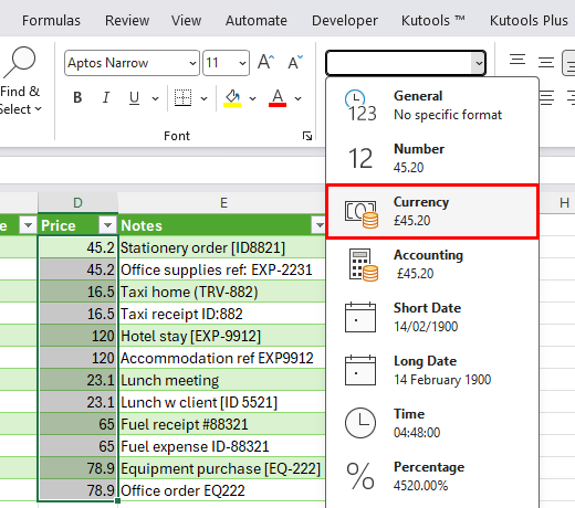 Shows where to format your data as a currency
