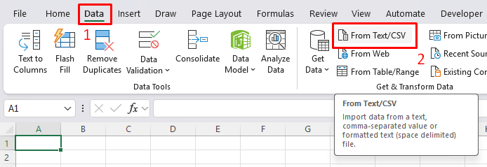 Shows where to import CSV data into Excel