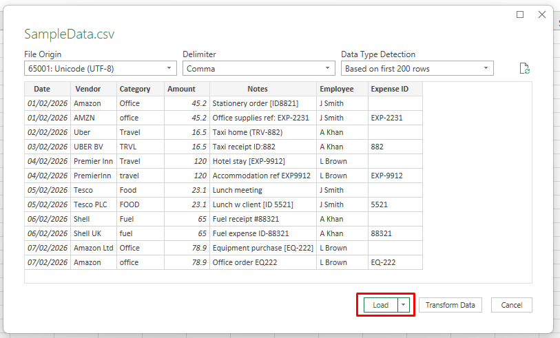 Shows our sample data ready to import to Excel