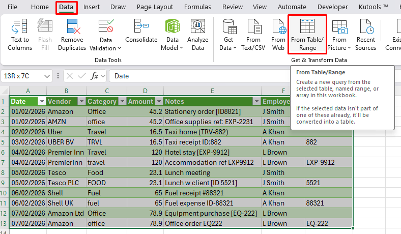 How to open power query with a table