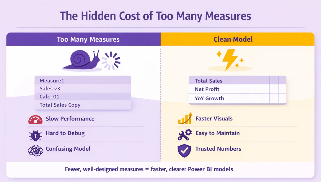 Infographic style image that shows the hidden cost of measures in Power BI