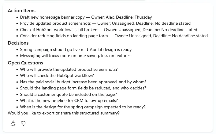 Shows the key items from our copilot agent