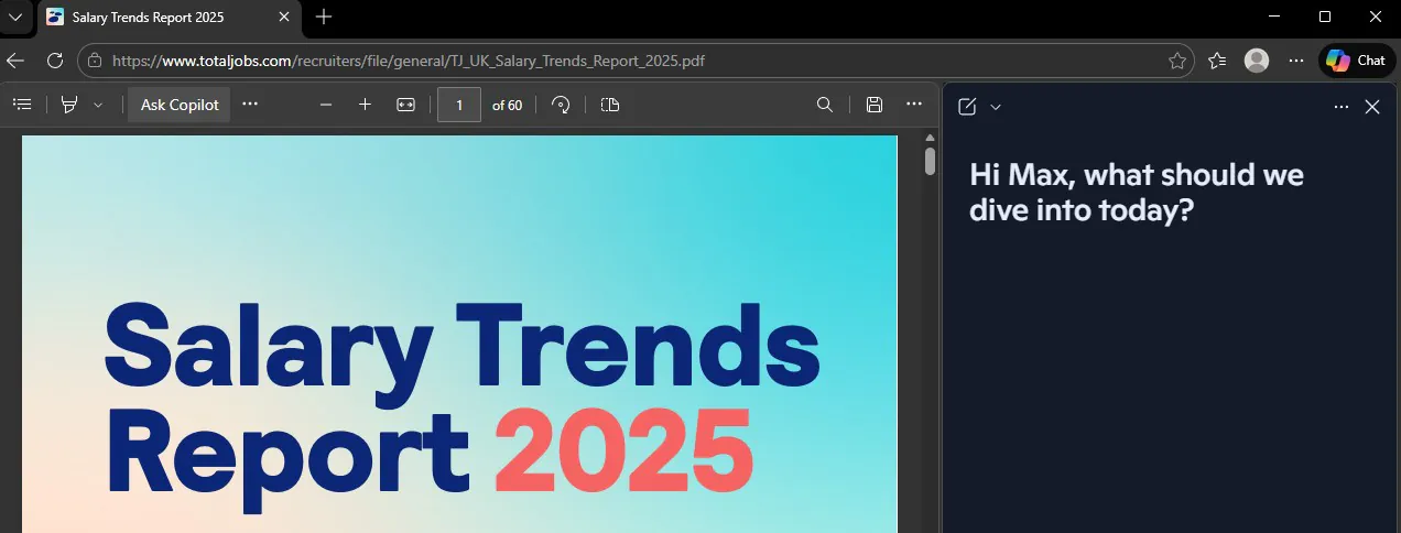 Shows the copilot window alongside a research document