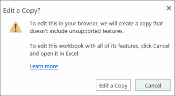 Shows that some features do not get supported in Excel for web
