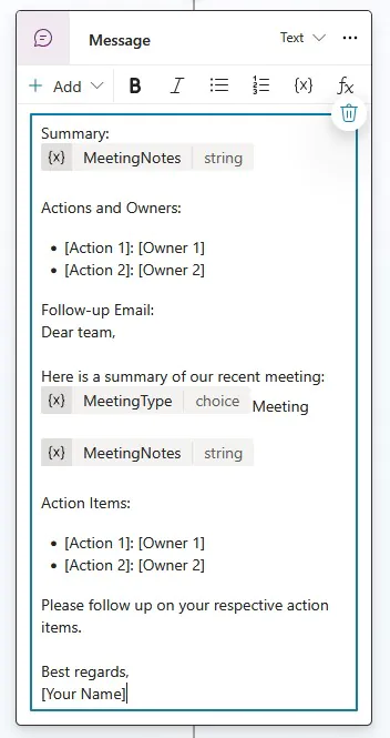 Shows the final message from the meeting notes agent