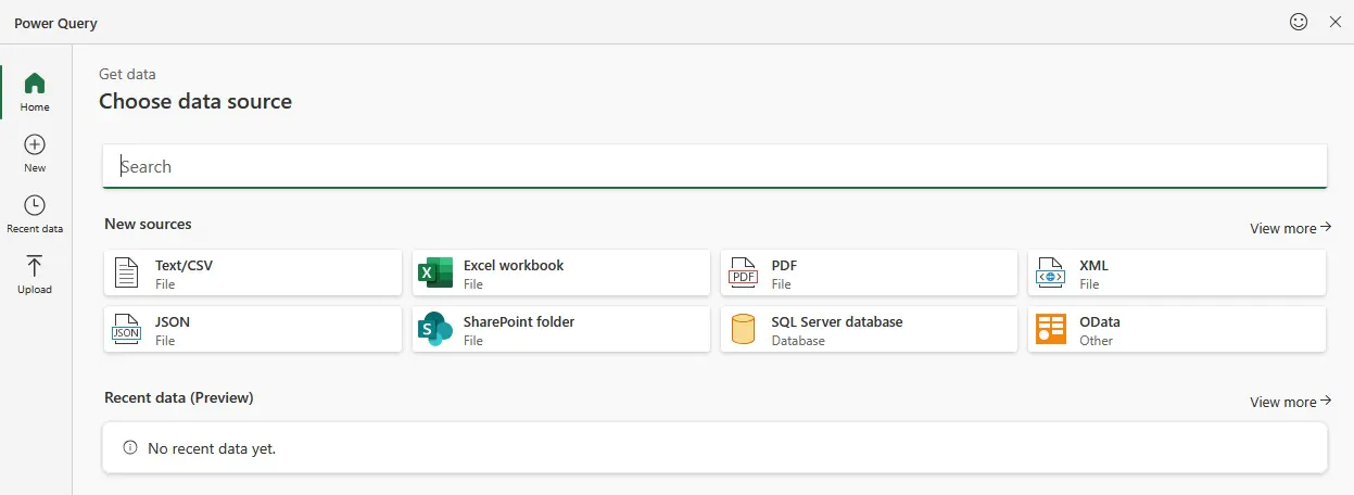 Shows all the different data sources Power Query can use